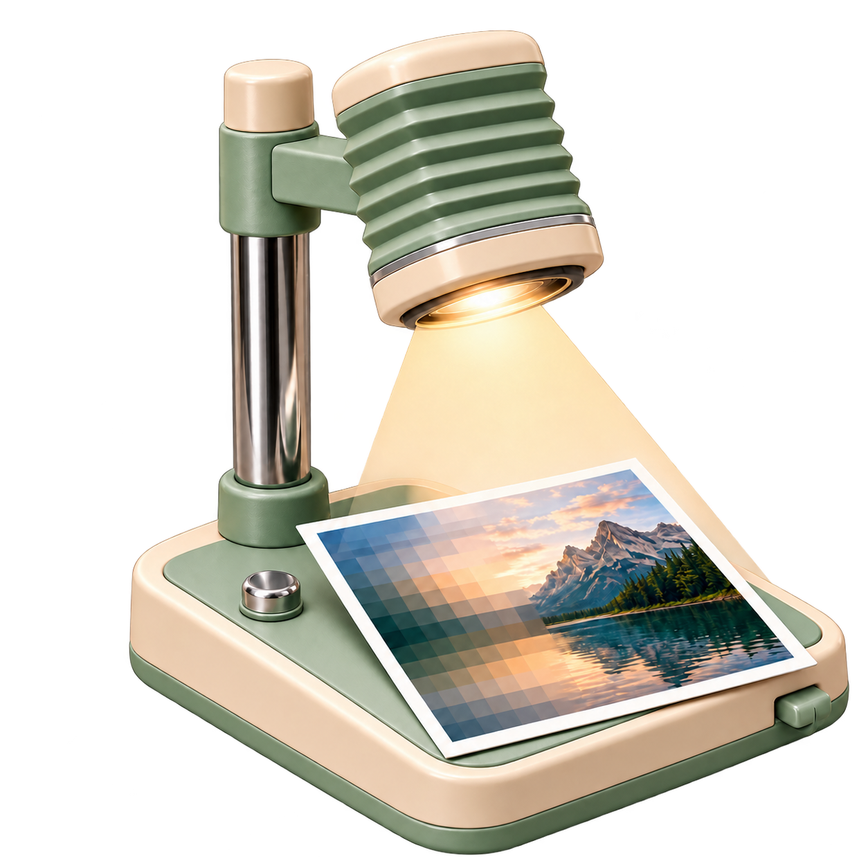 A cream and sage enlarger lighting a small mountain photograph